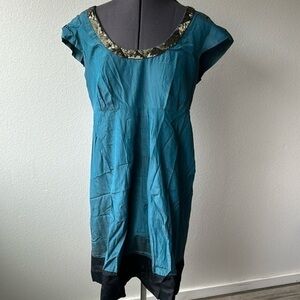 Kenzie Pretty dress Bohemian beaded neckline, teal black lined size large